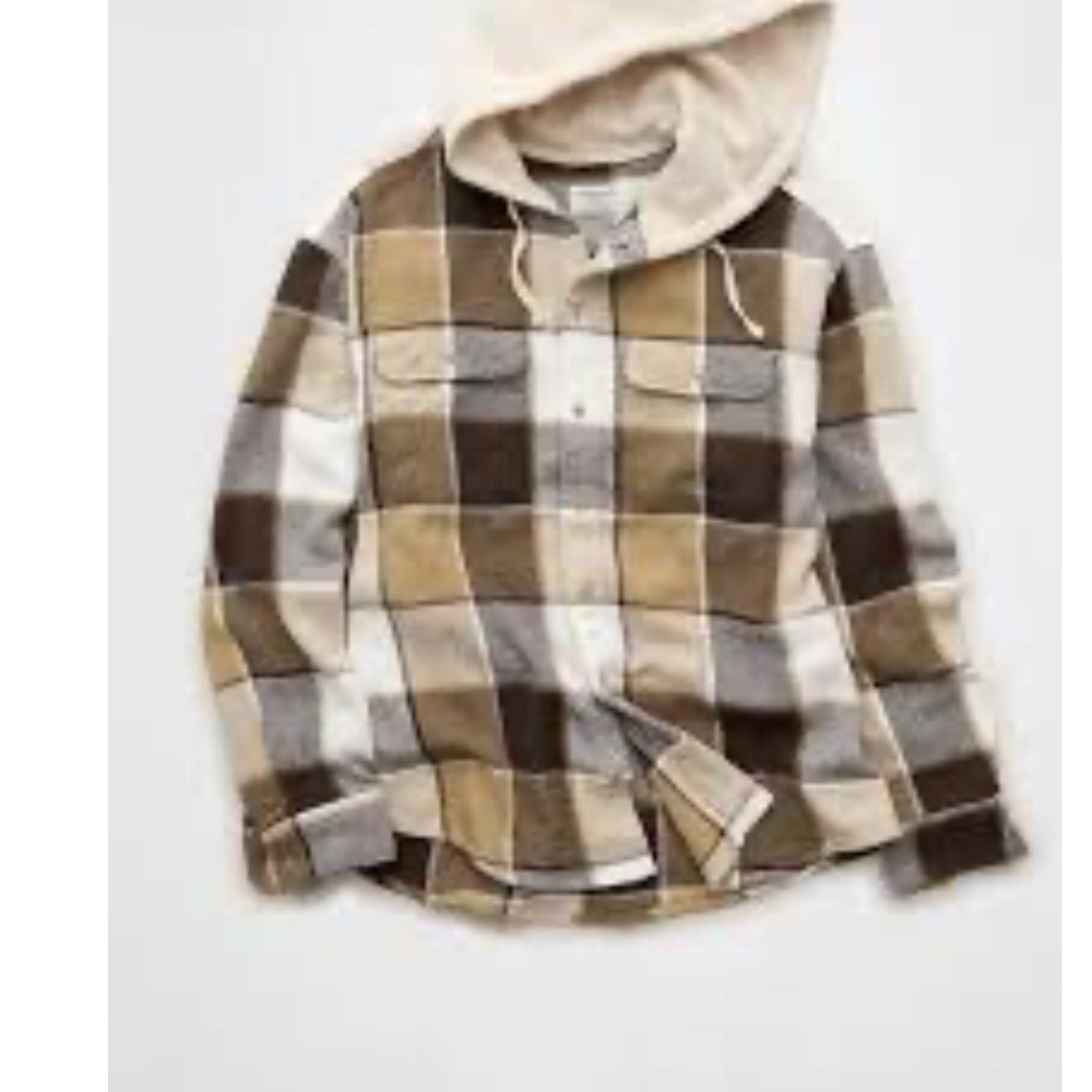American Eagle Mens‎ Super Soft Hooded Flannel Shirt Brown Plaid Large L Hoody